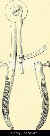 Chirurgie journalière des hopitaux de Paris : répertoire de thérapeutique chirurgicale . Fig.. 195. — Pince presse-pédicule{Mathieu). Fig. 196. — Clamp de SpenWells. la pénétration des liquides provenant de ^ette section dans la cavitépérilonéale. Stock Photo