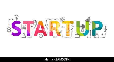 Startup word lettering in colorful low poly design with related thin line icons Stock Vector