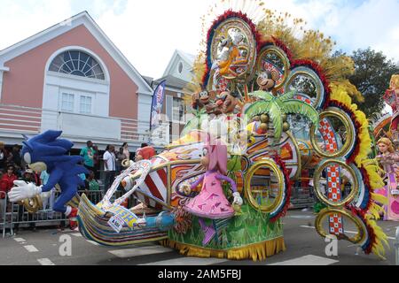 A Sonic the Hedgehog float at the Junkanoo festival on Boxing Day in Nassau, the Bahamas Stock Photo