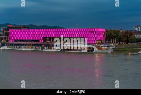 Night view of Linz on Danube banks Stock Photo