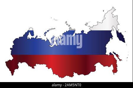 Map of Russia with red white and blue flag silhouette over a white background Stock Vector