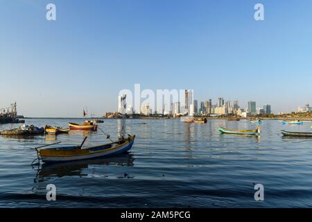 View of skyline on coast of Worli neighborhood from Haji Ali Dargah in Mumbai. India Stock Photo