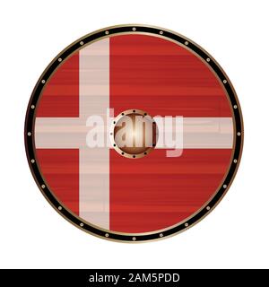 A Viking round shield with the Danish flag color design isolated on a white background Stock Vector