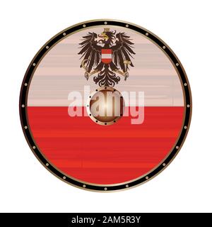 A Viking round shield with the Austrian flag color design isolated on a white background Stock Vector