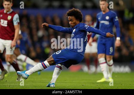 Stamford Bridge, London, UK. 11th Jan, 2020. English Premier League Football, Chelsea versus Burnley; Willian of Chelsea taking a shot - Strictly Editorial Use Only. No use with unauthorized audio, video, data, fixture lists, club/league logos or 'live' services. Online in-match use limited to 120 images, no video emulation. No use in betting, games or single club/league/player publications Credit: Action Plus Sports/Alamy Live News Stock Photo