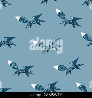Seamless pattern with cute blue scandinavian foxes on blue background. Flat vector illustration. Stock Vector