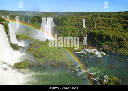 Spectacular Aerial View of Iguazu Falls with the Rainbow at Brazilian Side, Foz do Iguacu, Brazil, South America Stock Photo