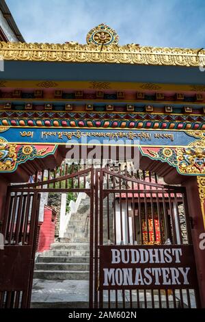 Entrance gate to Buddhist monastery in Marpha, a small village in Mustang district, Nepal Stock Photo