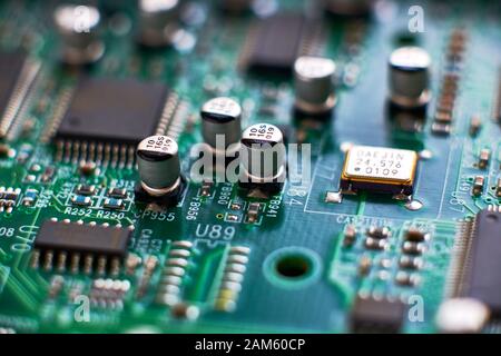 printed circuit Board with chips and radio components electronics Stock Photo