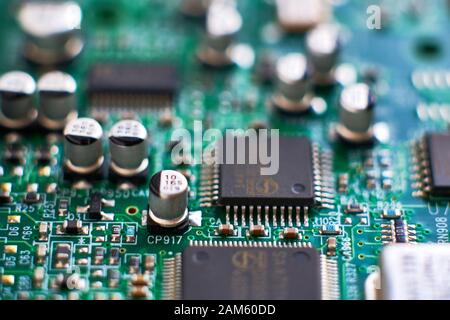 printed circuit Board with chips and radio components electronics Stock Photo