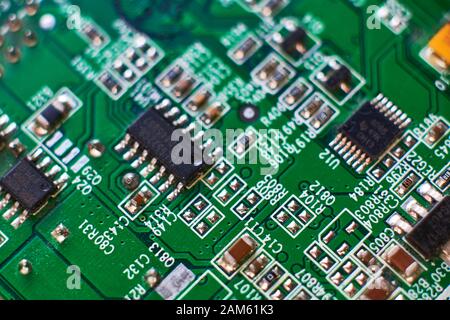 printed circuit Board with chips and radio components electronics Stock Photo