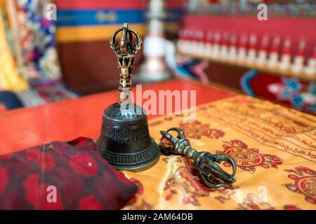 Tibetian bell and vajra at the Buddhist monastery of Marpha. Marpha village in Lower Mustang, Mustang district, Nepal Stock Photo