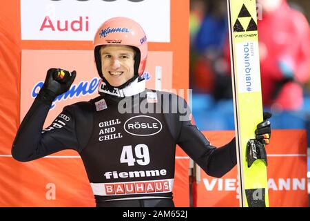 Predazzo, Italy. 11th Jan, 2020. FIS Ski Jumping World Cup in Predazzo, Italy on January 11, 2020, Karl Geiger (GER) exults. .Photo: Pierre Teyssot / Espa-Images Credit: Cal Sport Media/Alamy Live News Stock Photo