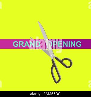 Grand Opening with scissors and violet ribbon. Simple illustration of the opening ceremony Stock Vector