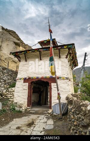 Noirthern entrance gate to Marpha, small village in Mustang district, Nepal Stock Photo