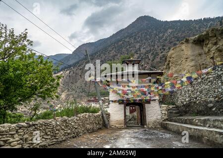 Noirthern entrance gate to Marpha, small village in Mustang district, Nepal Stock Photo