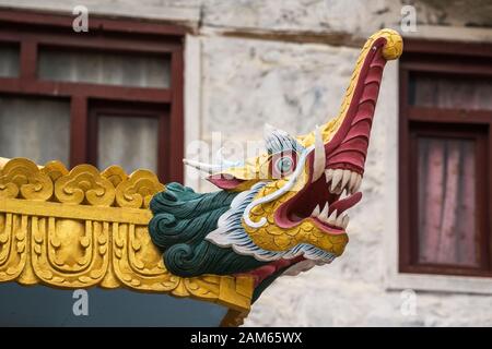 Decoratiob of entranc gate to Monastery of Marpha. Marpha, Mustang district, Nepal Stock Photo