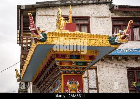 Decoratiob of entranc gate to Monastery of Marpha. Marpha, Mustang district, Nepal Stock Photo