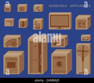 Household appliances in boxes. Cardboard boxes with appliances Stock Vector