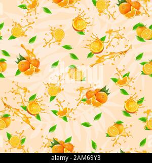 Orange fruit seamless pattern with leaves.Splash background. - Illustration Stock Photo