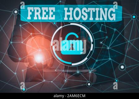 Text sign showing Free Hosting. Business photo showcasing business of providing storage space and access for websites Male human wear formal work suit Stock Photo