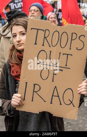 London, UK. 11th Jan, 2020. 'Troops out of Iraq'. After the assassination of Qasim Soleimani in Baghdad by the USA and increasing tension in the Middle East, demonstrators marched through central London to demand ‘no War on Iran', 'no war on Iraq and 'troops out of Iraq'. They then rallied in Trafalgar Square to hear speeches from a range of people including Jeremy Crobyn. The event was organised jointly by The Stop The War Coalition and The Campaign For Nuclear Disarmament and similar events took place around the UK. Credit: David Rowe/Alamy Live News Stock Photo