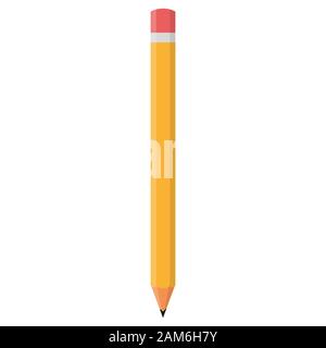 Cartoon yellow pencil sharpened with a red rubber isolated on white background. Vector illustration for any design. Stock Vector