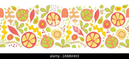 Summer fruits and leaves seamless vector border. Tropical green red orange yellow repeating pattern with stylized fruit halves and shapes. Use for Stock Vector