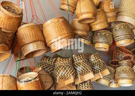 Souvenir market at Luang Prabang in Laos. Homemade artworks by local people. Stock Photo