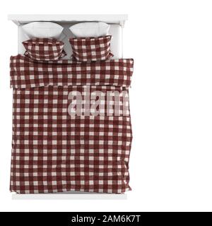 A small double bed with a checkered blanket and pillows on white background. Mocap. 3d rendering Stock Photo