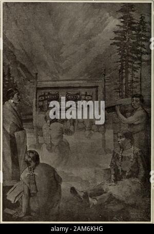 General guide to the exhibition halls of the American Museum of Natural History . als by Will S. Taylorwhich illustrate both the industrial and the socialand religious life of the Indians of this region. The exhibits are arranged in the same orderin which the tribes are encountered in passingfrom the south toward the north along the coastof British Columbia and Alaska. On the left are the collections from theXootka living on the west coast of VancouverIsland. They are noted as hunters of whales, ahazardous occupation, especially when donewithout the aid of large boats. Next are theKwakiutl, wh Stock Photo