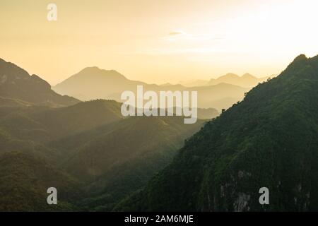 View of sunset in Nong Khiaw. North Laos. Southeast Asia. Stock Photo