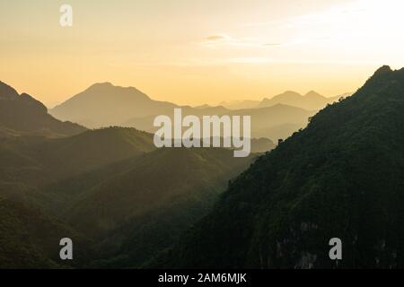 View of sunset in Nong Khiaw. North Laos. Southeast Asia. Stock Photo