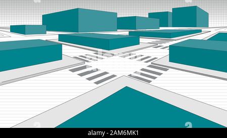Detail of a 3-dimensional city map with green blocks simulating buildings and streets in white outlined with black line. Vector image Stock Vector