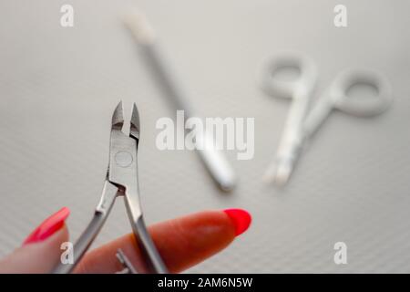 Nippers cuticle scissor in female fingers, scissors and cuticle bladeon the blurred background Stock Photo