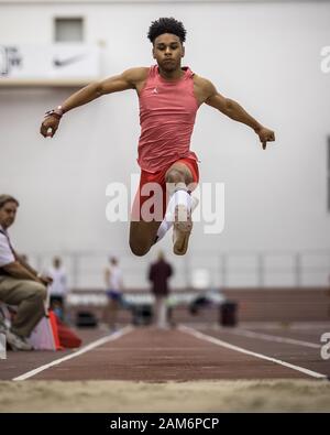 College Station, Texas, USA. 11th Jan, 2020. Caleb Malbrough competes in the Boys triple jump during the Texas A&M High School Indoor Classic at the McFerrin Athletic Center's Gilliam Indoor Stadium in College Station, Texas. Prentice C. James/CSM/Alamy Live News Stock Photo