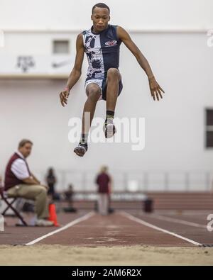 College Station, Texas, USA. 11th Jan, 2020. Nolen Richie competes in the Boys triple jump during the Texas A&M High School Indoor Classic at the McFerrin Athletic Center's Gilliam Indoor Stadium in College Station, Texas. Prentice C. James/CSM/Alamy Live News Stock Photo