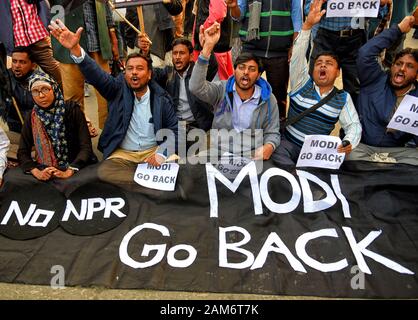 Kolkata, India. 11th Jan, 2019. Protesters hold placards while chanting slogans during the demonstration.Demonstration against the visit of India's Prime Minister Narendra Modi and also against (Citizenship Amendment Bill) or CAB which grants Indian citizenship to non-Muslims of Afghanistan, Pakistan and Bangladesh that was passed by the Indian Government in December 2019 and has created violence, strike and protest all over the India. Credit: Avishek Das/SOPA Images/ZUMA Wire/Alamy Live News Stock Photo