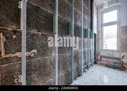 drywall frame in bath room before renovation - home improvement - Stock Photo