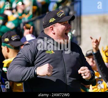 Frisco, Texas, USA. 11th Jan, 2020. -North Dakota State Head Coach MATT ENTZ celebrates after his team North Dakota State defeated James Madison 28-20 at Toyota Stadium in Frisco, Texas. Credit: Jerome Hicks/ZUMA Wire/Alamy Live News Stock Photo