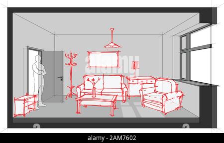 diagram of a single room furnished with hand drawn sketches of sofa, chair, table, cabinets, ceiling lamp, cloths hanger and painting on the wall Stock Vector
