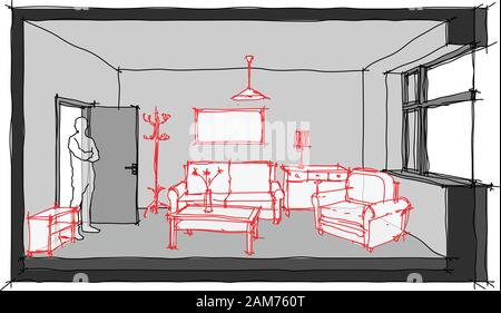 diagram, section, room, window, door, construction, architecture, interior,  wall, floor, illustration, empty, man, person,  sketch, drawing, hand dra Stock Vector