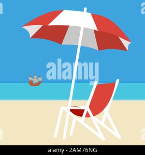 Deck chair and umbrella on the background of the sea and white sand on the beach. Stock Vector