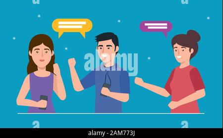 young couple with speech bubbles avatar characters Stock Vector