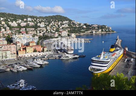 Nice, France - September 27, 2019: Panoramic view of Lympia port viewed from the Castle Hill. The Port of Nice is one of the key infrastructural hubs
