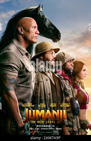 Jumanji: The Next Level (2019) directed by Jake Kasdan and starring Dwayne Johnson, Jack Black, Kevin Hart and Karen Gillan. The old video game malfunctions brings new surprises for the players. Stock Photo