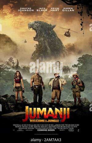 Jumanji: Welcome to the Jungle (2017) directed by Jake Kasdan and starring Dwayne Johnson, Jack Black, Kevin Hart and Karen Gillan. Four teenagers are sucked into an old video game where they need to win to survive. Stock Photo