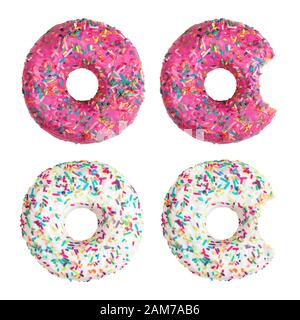 Set of various donuts decorated with colorful sprinkles isolated on white background Stock Photo