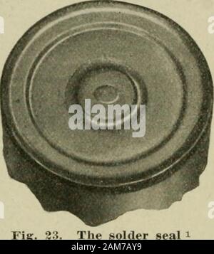 Condensed milk and milk powder : prepared for the use of milk condenseries, dairy students and pure food departments . Fig. +? Tle (iehee seal Fig. 26. The McDonald seal opening, three-eighths to three-fourths inch in diameter, throughwhich they are filled. The cans made by the Sanitary Can Com-pany are filled before the top is crimped on. Sweetened condensedmilk is of a semi-fluid, viscous and sticky consistency. The suc-cessful and rapid filling of the cans without spilling the milk over thetop of the can is, therefore, .somewhat difficult. If done by handthe work is very slow. For this reas Stock Photo