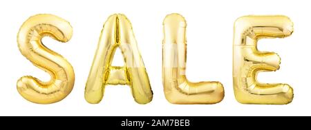 Word SALE made of golden inflatable balloons isolated on white background Stock Photo